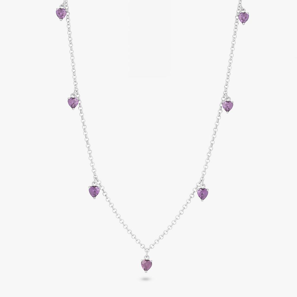 Colar Corações com Zircônia Roxa em Prata 925 - 1
