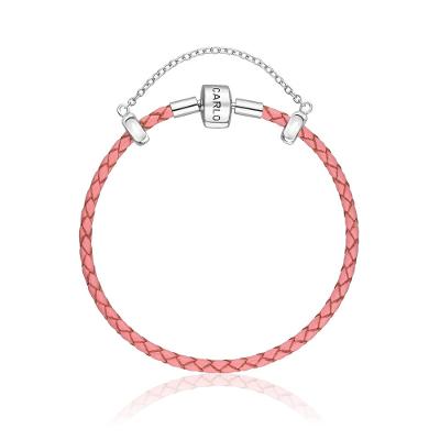 Pulseira De Couro Rosa Claro E Prata 925 - 18 cm