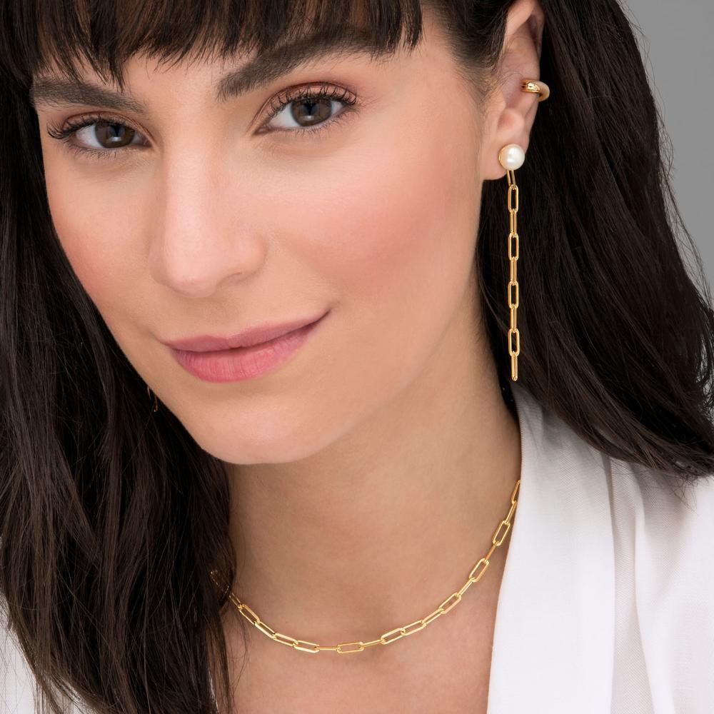 Brinco com Pérola e Corrente em Prata 925 com Banho de Ouro Amarelo 18k - 2