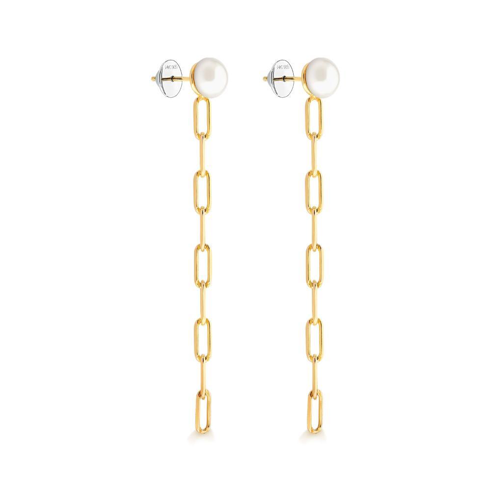 Brinco com Pérola e Corrente em Prata 925 com Banho de Ouro Amarelo 18k - 3