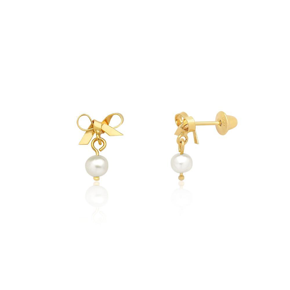 Brinco Infantil Laço com Pérolas em Ouro Amarelo 18k - 1