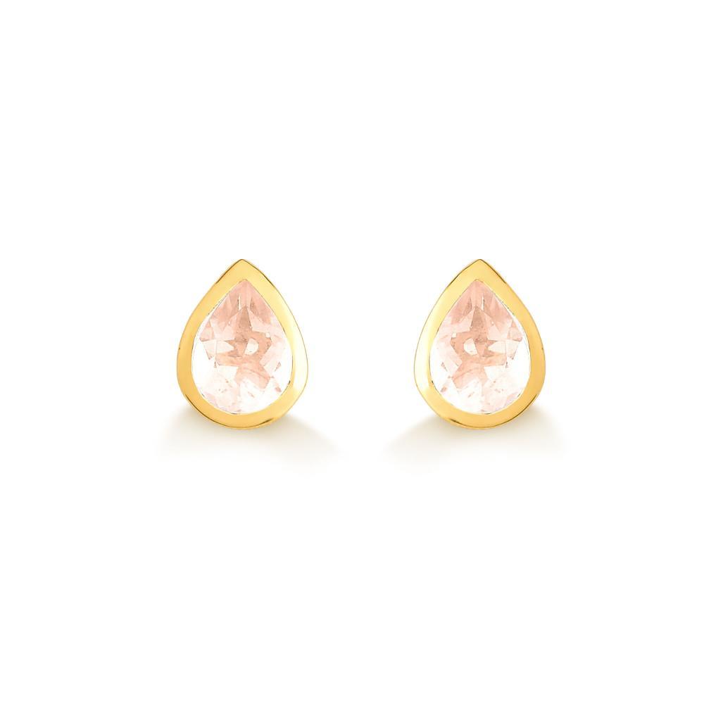 Brinco Gota com Quartzo Rosa em Prata 925 com Banho de Ouro Amarelo 18k - 1