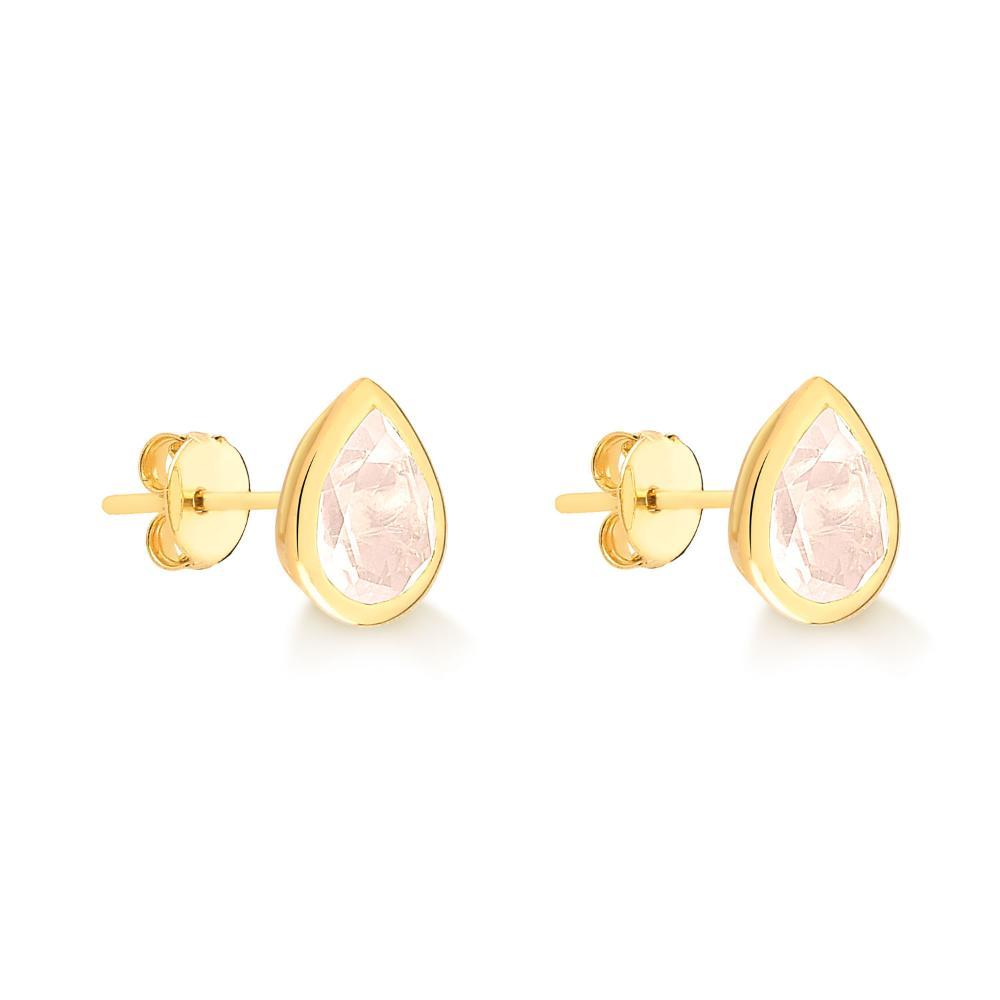 Brinco Gota com Quartzo Rosa em Prata 925 com Banho de Ouro Amarelo 18k - 2