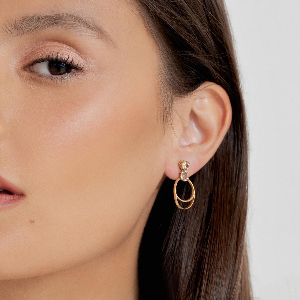 Brinco Oval  com Prasiolita e quartzo fumê, em Ouro Amarelo 18k - 2