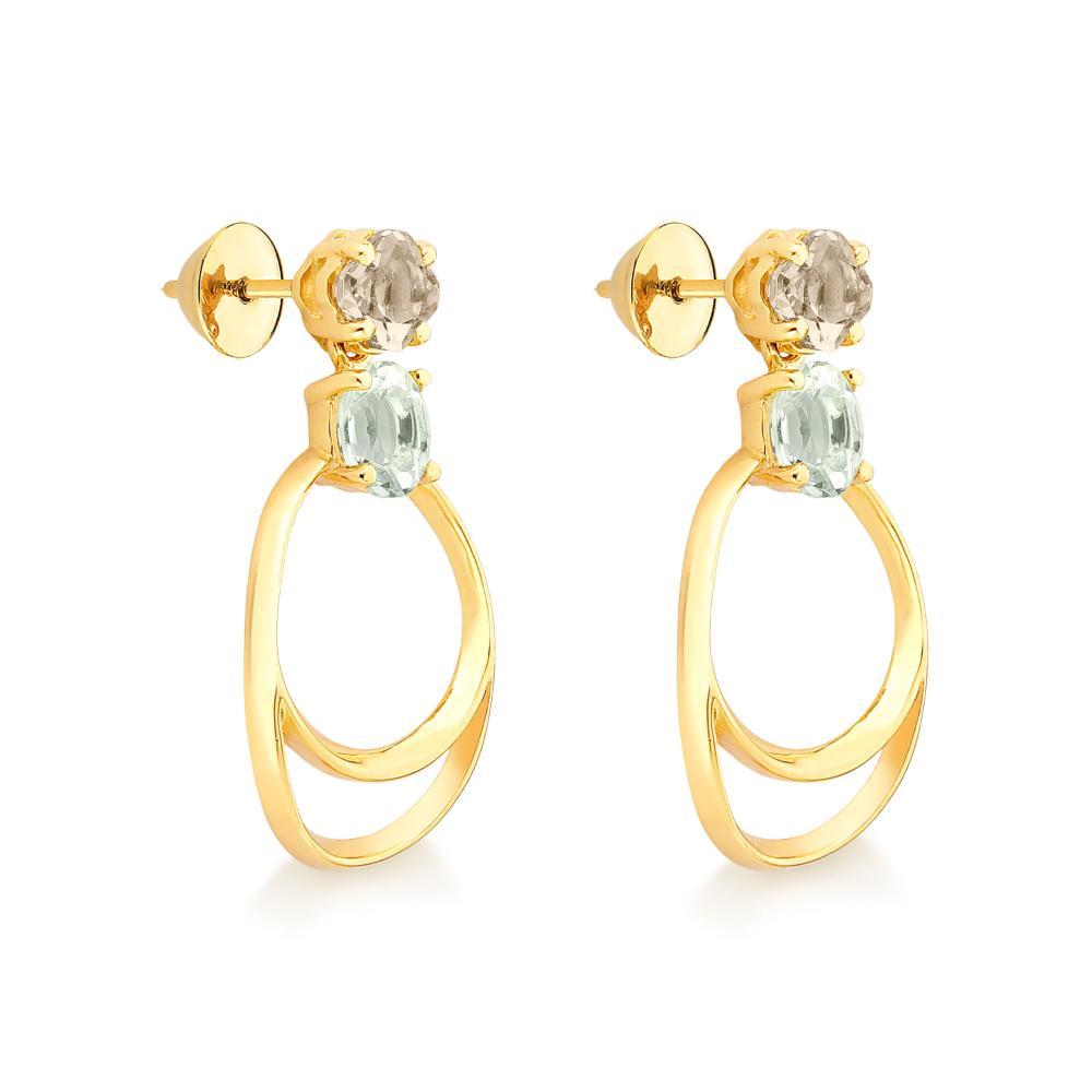 Brinco Oval  com Prasiolita e quartzo fumê, em Ouro Amarelo 18k - 3