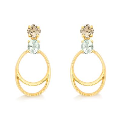 Brinco Oval  com Prasiolita e quartzo fumê, em Ouro Amarelo 18k