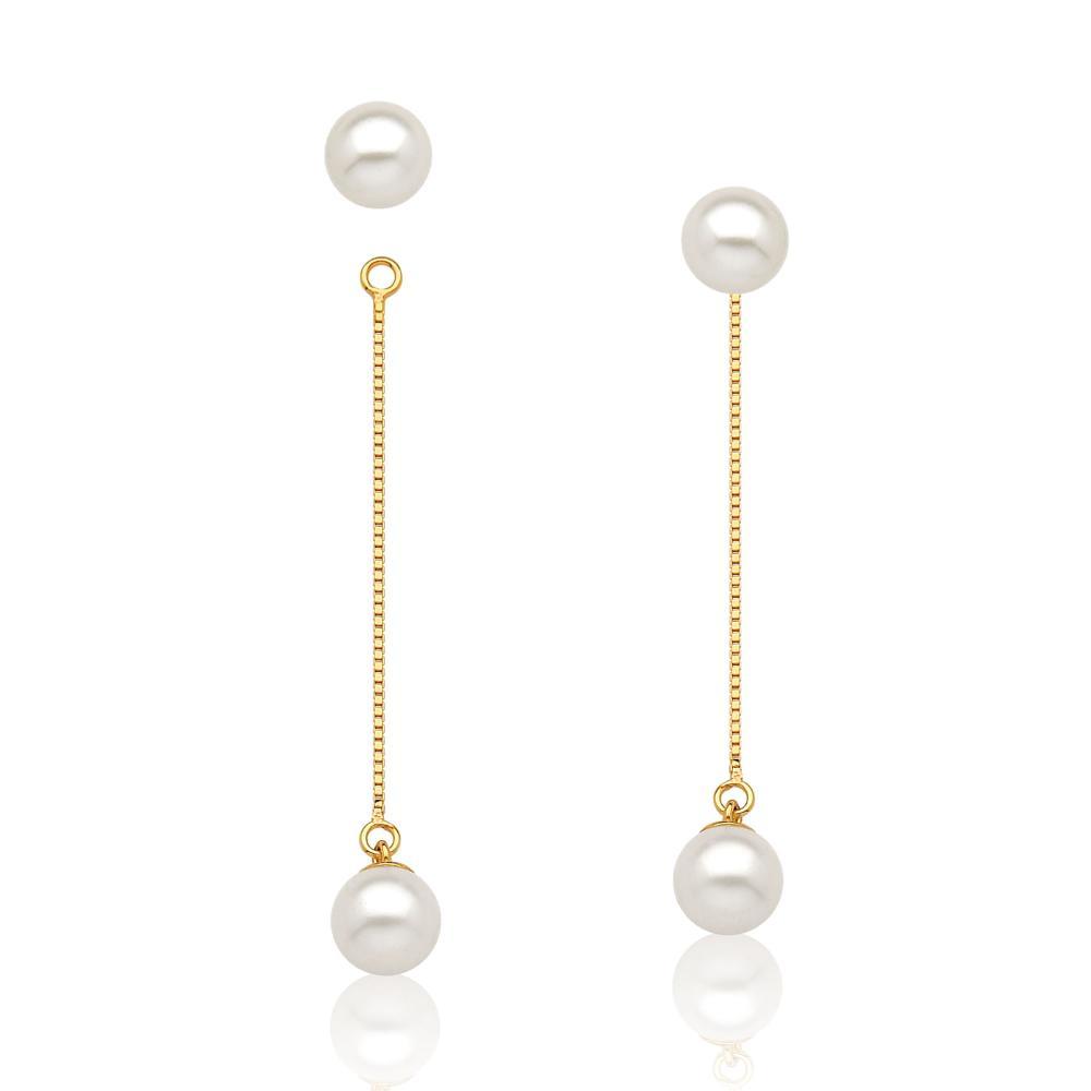 Brinco Longo Veneziana com Pérola em Ouro Amarelo 18k - 1