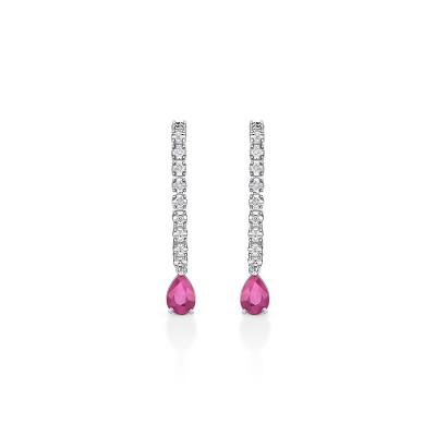 Brinco Palito com Gota de Rubi e Diamantes em Ouro Branco 18k