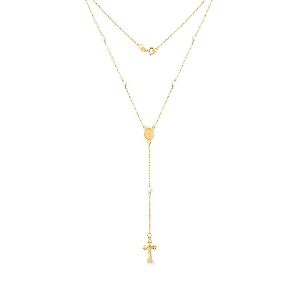 Colar Terço Medalha Milagrosa com Pérolas em Ouro Amarelo 18k - 2