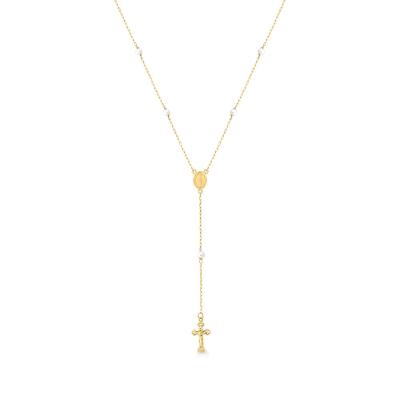 Colar Terço Medalha Milagrosa com Pérolas em Ouro Amarelo 18k