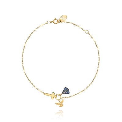 Pulseira Fé com Safira em Ouro Amarelo 18k - 21 cm