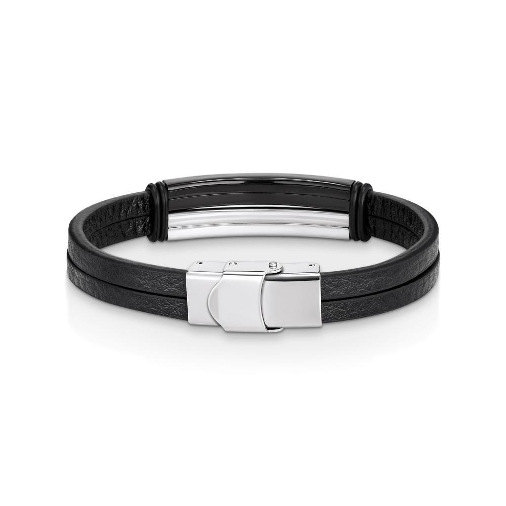 Pulseira Masculina de Couro com Detalhes em Aço - 21 cm - 2