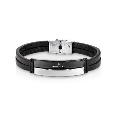 Pulseira Masculina de Couro com Detalhes em Aço - 21 cm