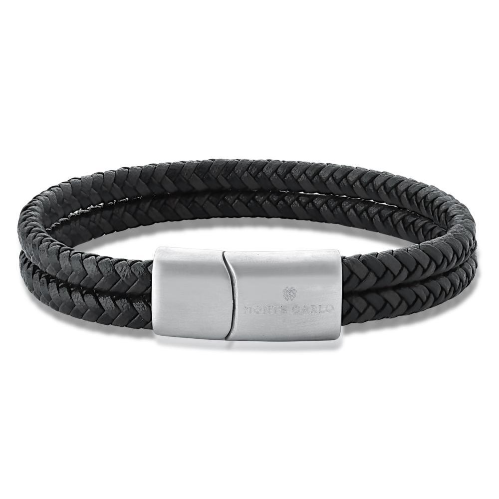 Pulseira Masculina Dupla de Couro Trançado Preto/Marrom em Aço - 21 cm - 1