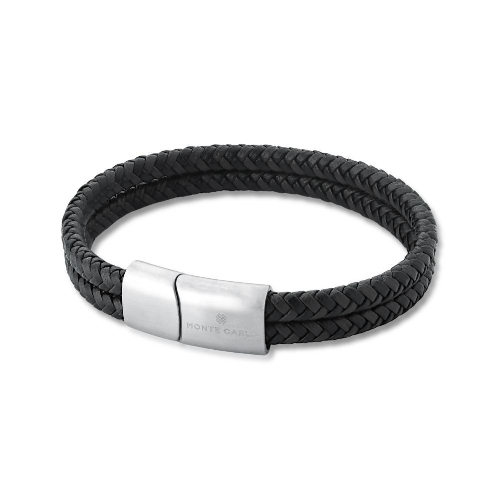 Pulseira Masculina Dupla de Couro Trançado Preto/Marrom em Aço - 21 cm - 2