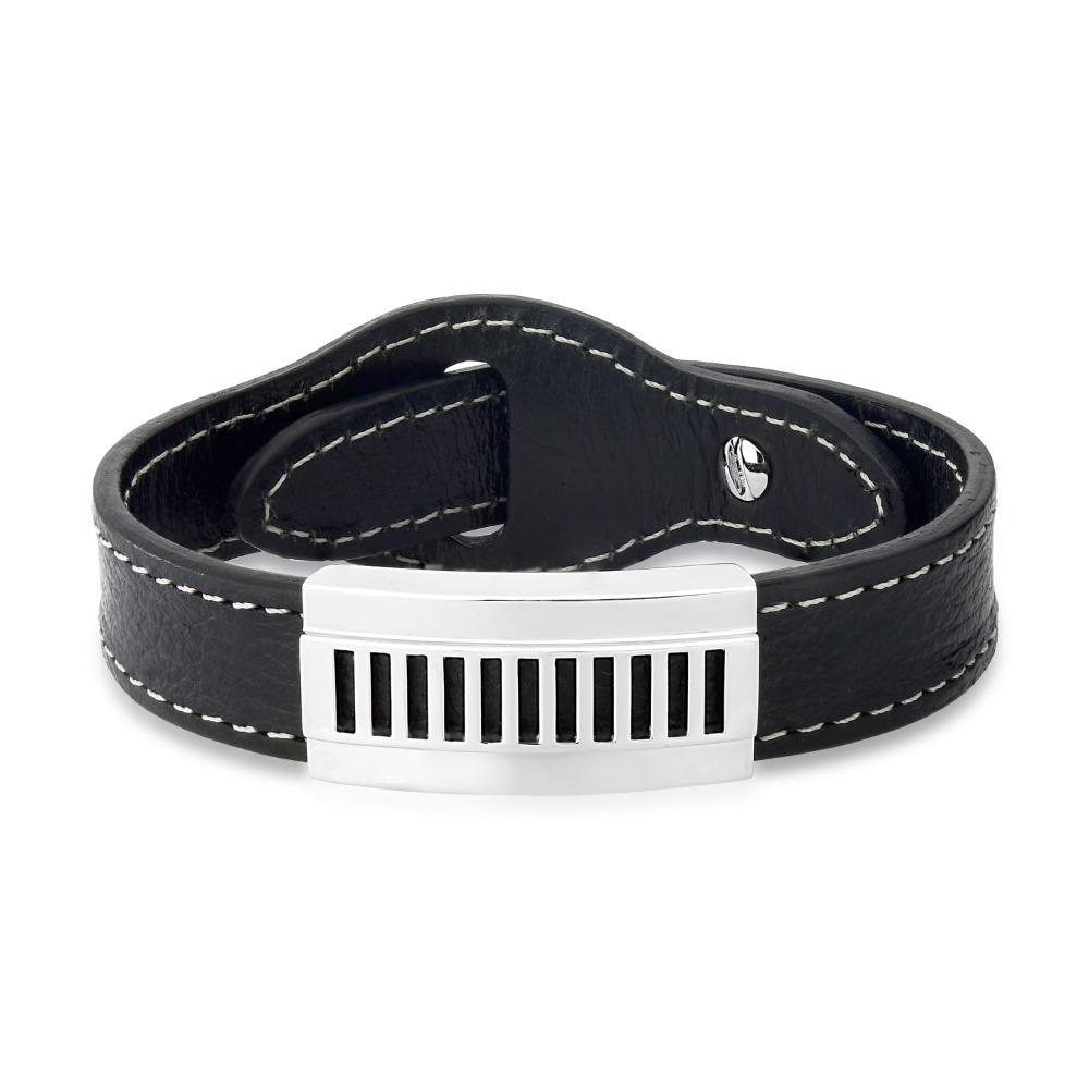 Pulseira Masculina Trilhos com Couro em Prata 925 - 27 cm - 1