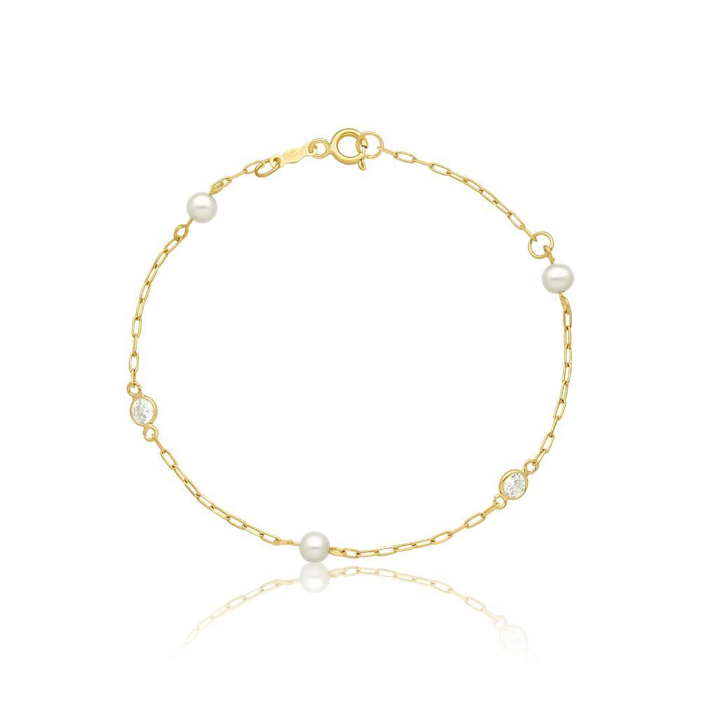 Pulseira Infantil com Pérolas e Zircônia em Ouro Amarelo 18k -  15 cm - 1