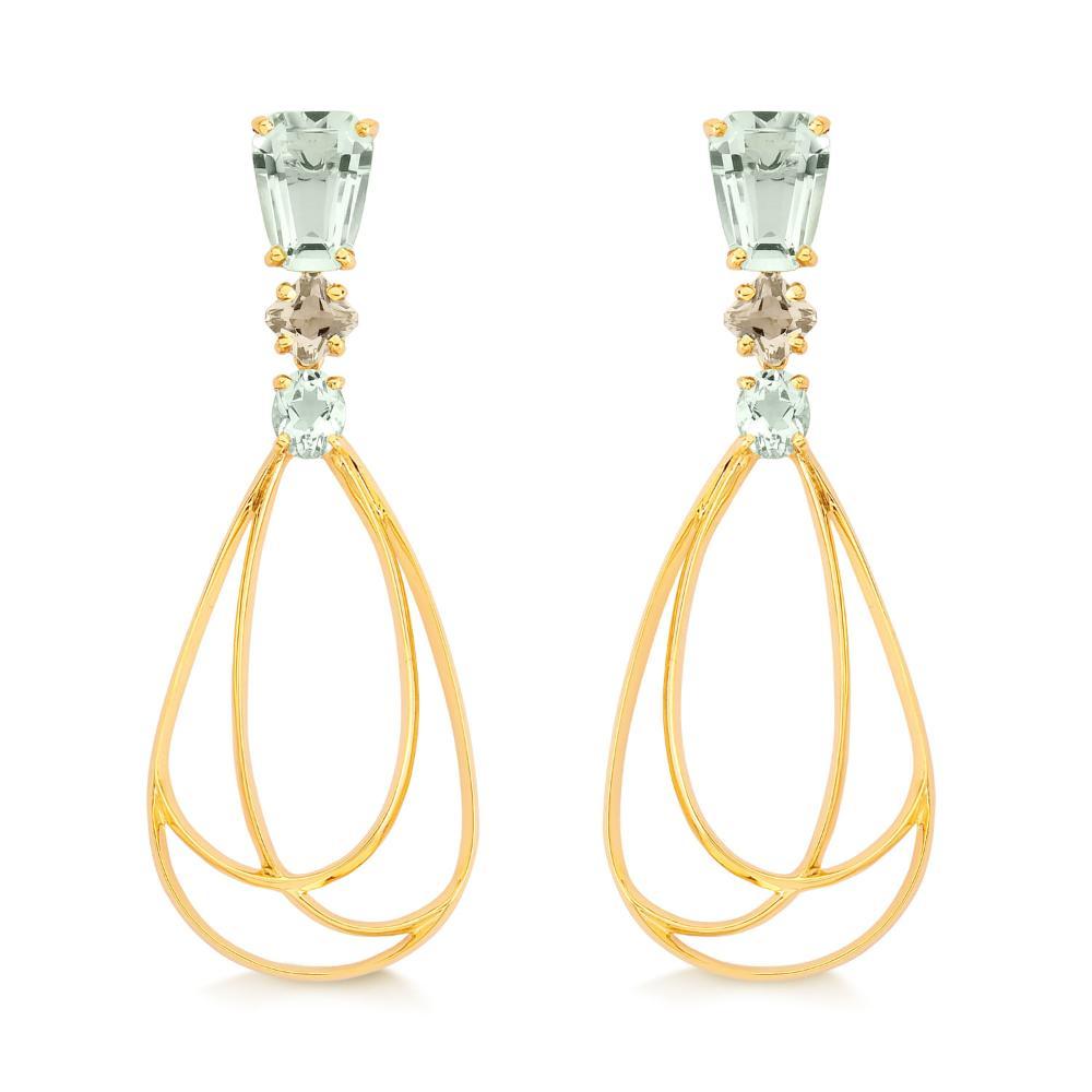 Brinco Gota com Prasiolita e quartzo fumê, em Ouro Amarelo 18k - 1