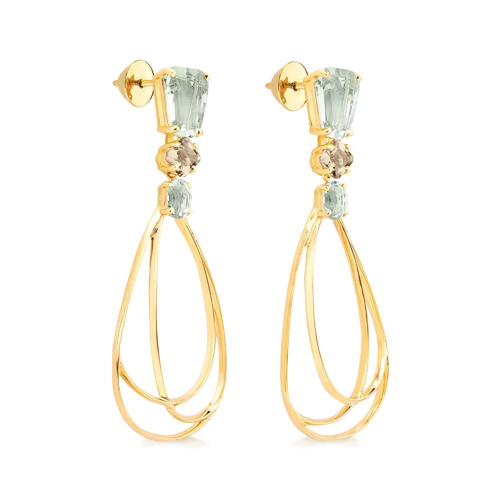 Brinco Gota com Prasiolita e quartzo fumê, em Ouro Amarelo 18k - 3