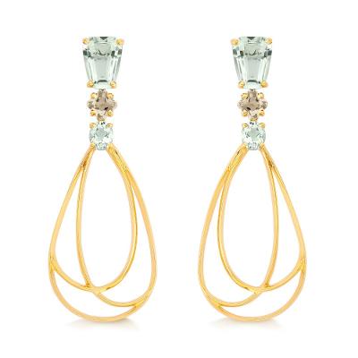 Brinco Gota com Prasiolita e quartzo fumê, em Ouro Amarelo 18k