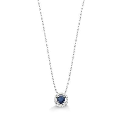Pingente em Ouro Branco com Diamante, Safira Azul