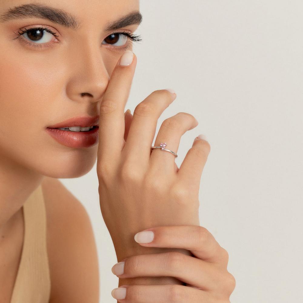 Anel com Zircônia Rosa em Prata 925 - 2