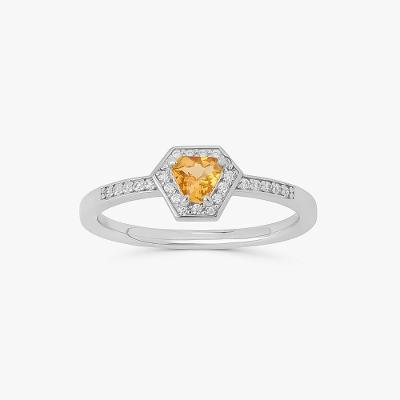 Anel Hexagonal com Citrino e Safira Incolor em Prata 925
