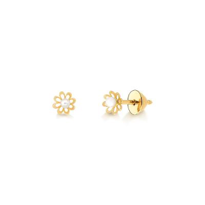 Brinco Infantil Flor com Pérolas em Ouro Amarelo 18k