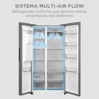 Geladeira Side by Side 570L Dispenser Água e Gelo Inverter cor Inox Midea