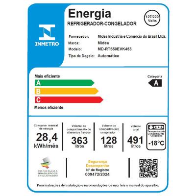 Geladeira Frost Free Duplex 491L Inverter Cor Inox Midea
