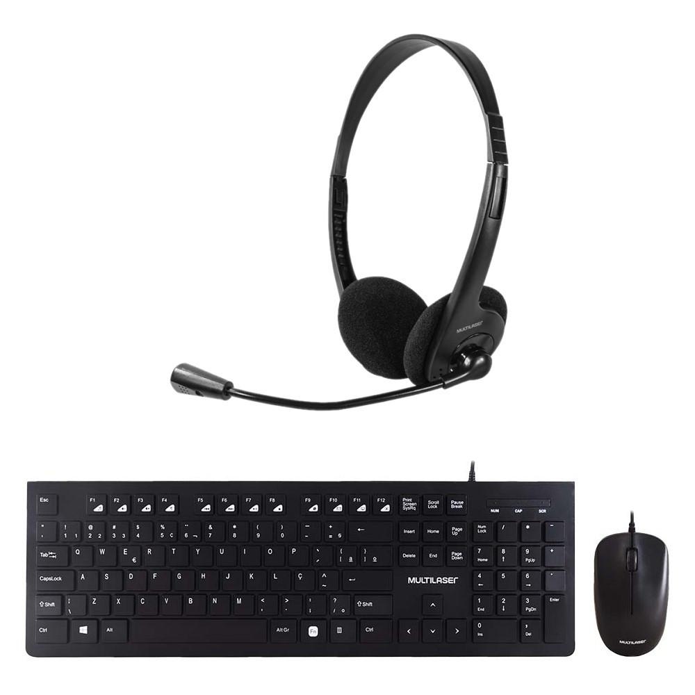 Combo Office - Teclado e Mouse com fio Multimídia 1200dpi Teclas Chocolate e Headset Classic Conexão p2 Preto - PH002K - 1