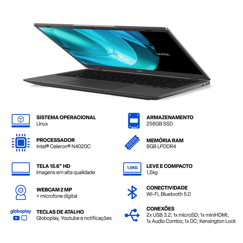 Notebook Ultra, Linux, 15,6 Pol. HD, Intel Celeron, 240GB SSD/ 8GB RAM, Cinza Escovado - UB262 - 8