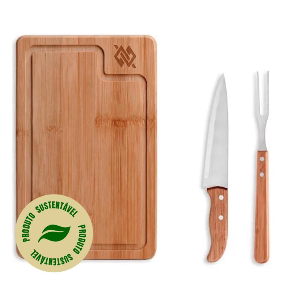 Kit Churrasco com Tábua em Bambu, Faca 7 e Garfo em Aço Inox - Preto - 2