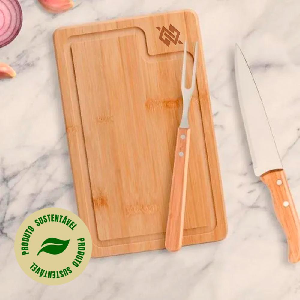 Kit Churrasco com Tábua em Bambu, Faca 7 e Garfo em Aço Inox - Preto - 3