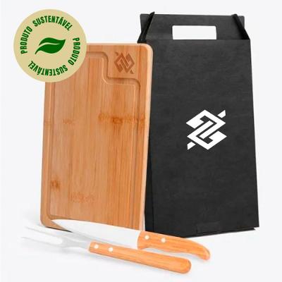 Kit Churrasco com Tábua em Bambu, Faca 7"e Garfo em Aço Inox - Preto