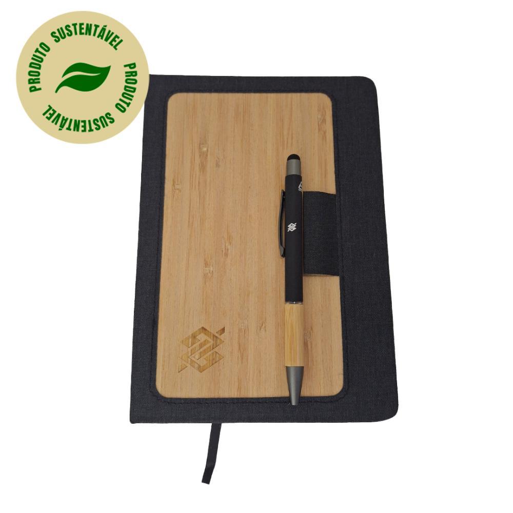 Caderno de Anotações com Suporte de Caneta e Capa de Bambu e Caneta - 3