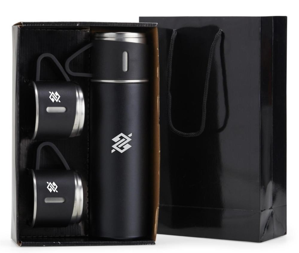 Kit Garrafa Térmica 450ml com Duas Xícaras - Preto - 1