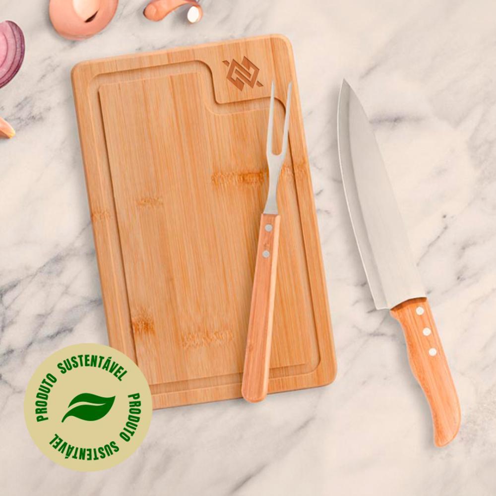 Kit para churrasco com tábua em Bambu faca 8"e garfo em inox Texas - 5