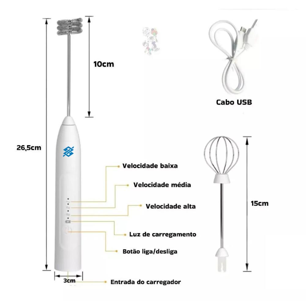 Misturador Bebidas Ovos Mini Mixer Fuê Portátil Elétrico Recarregável - Branco - 2