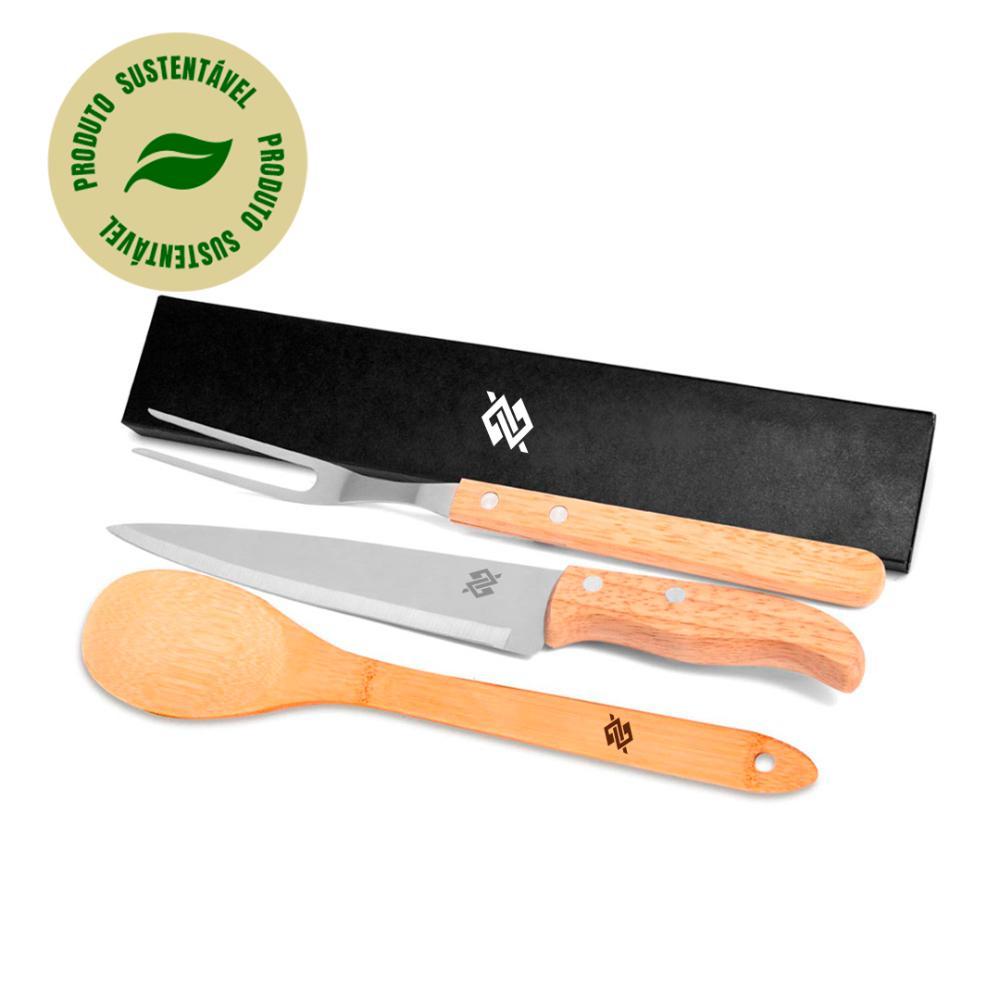 Conj. Garfo, Faca 7" Em Madeira E Colher Em Bambu - 3 Pçs - 1