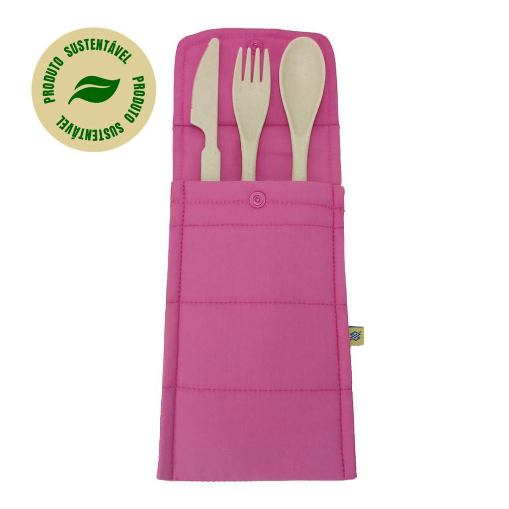 Conjunto de 3 talheres Bege com Porta Talher Tecido Rosa - 4