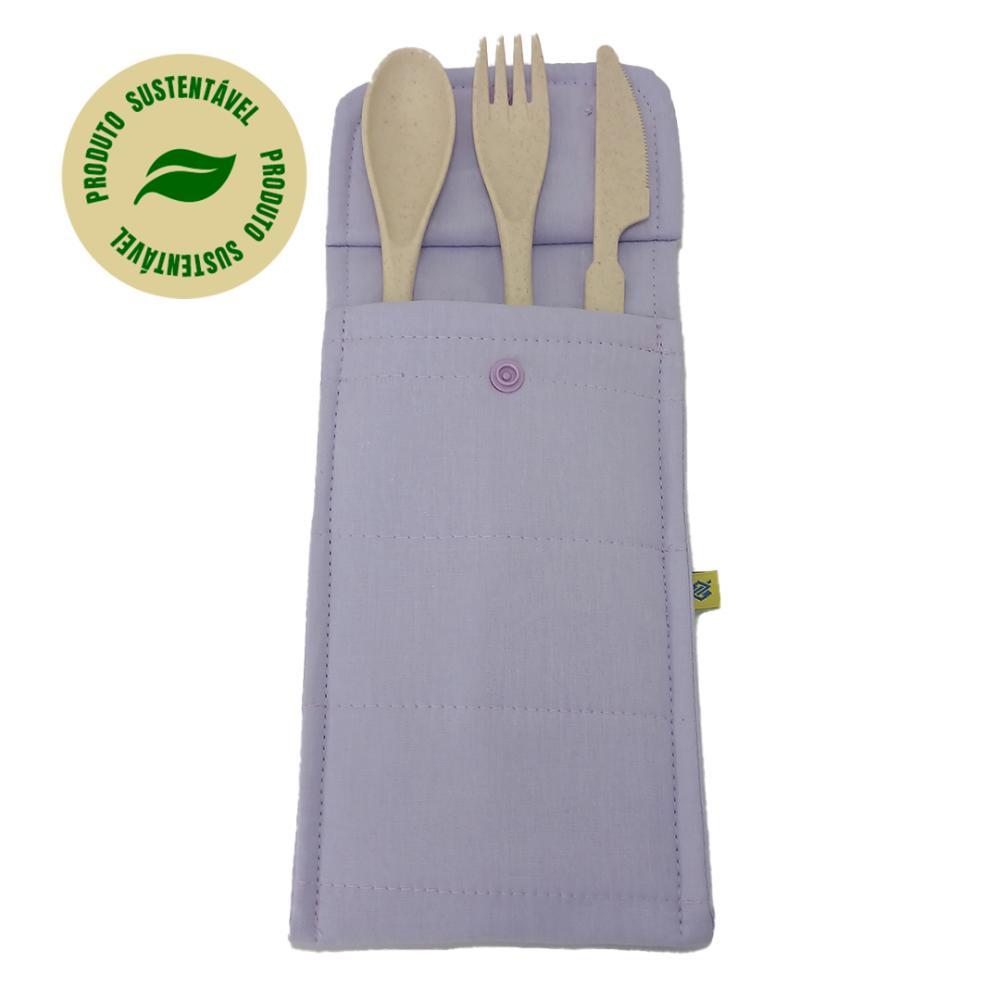 Conjunto de 3 Talheres Bege com Porta Talher Tecido Lilas - 4