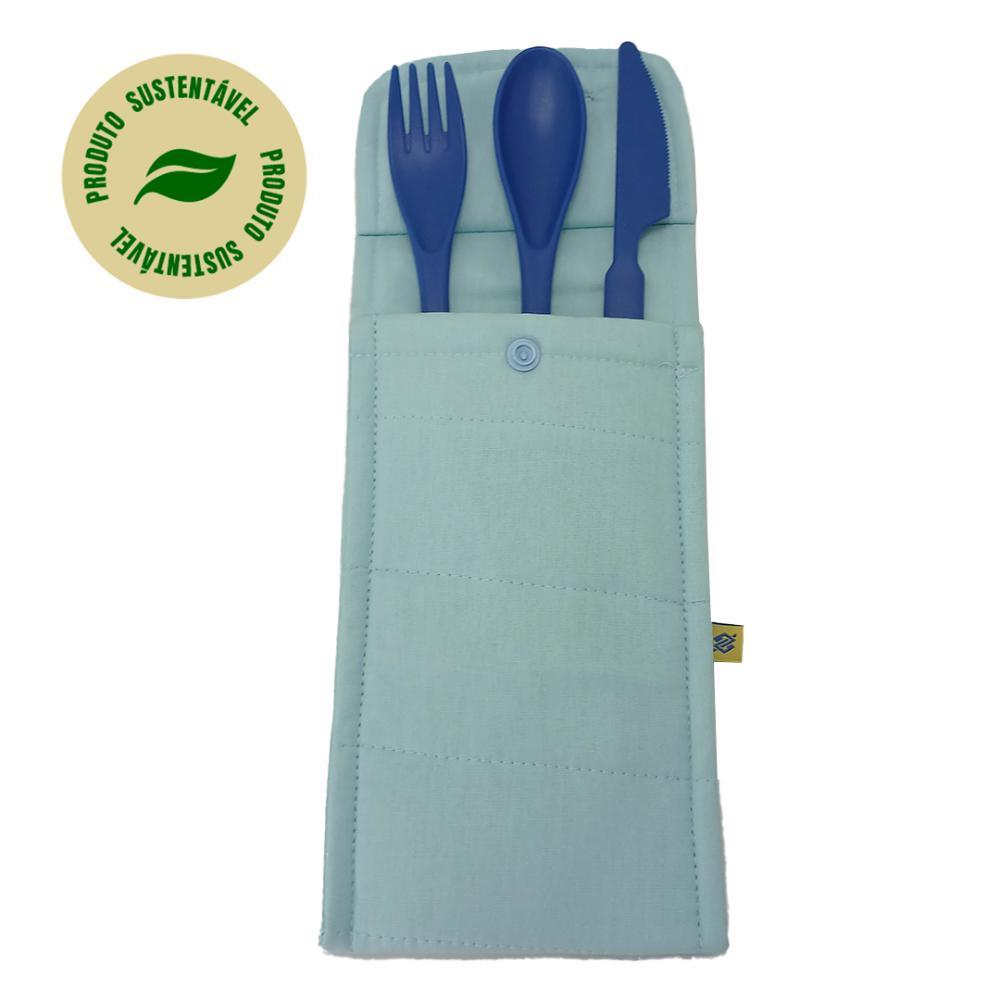 Conjunto de 3 Talheres Azul com Porta Talher Tecido Azul Claro - 1
