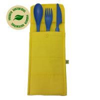 Conjunto de 3 Talheres Azul com Porta Talher Tecido Amarelo