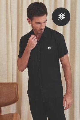 Camisa Masculina Manga Curta Linho Preto - Linha Premium Masculina