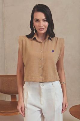 Camisa Feminina Sem Mangas de Linho Bege - Linha Premium Coleção Loja BB Tamanho:G
