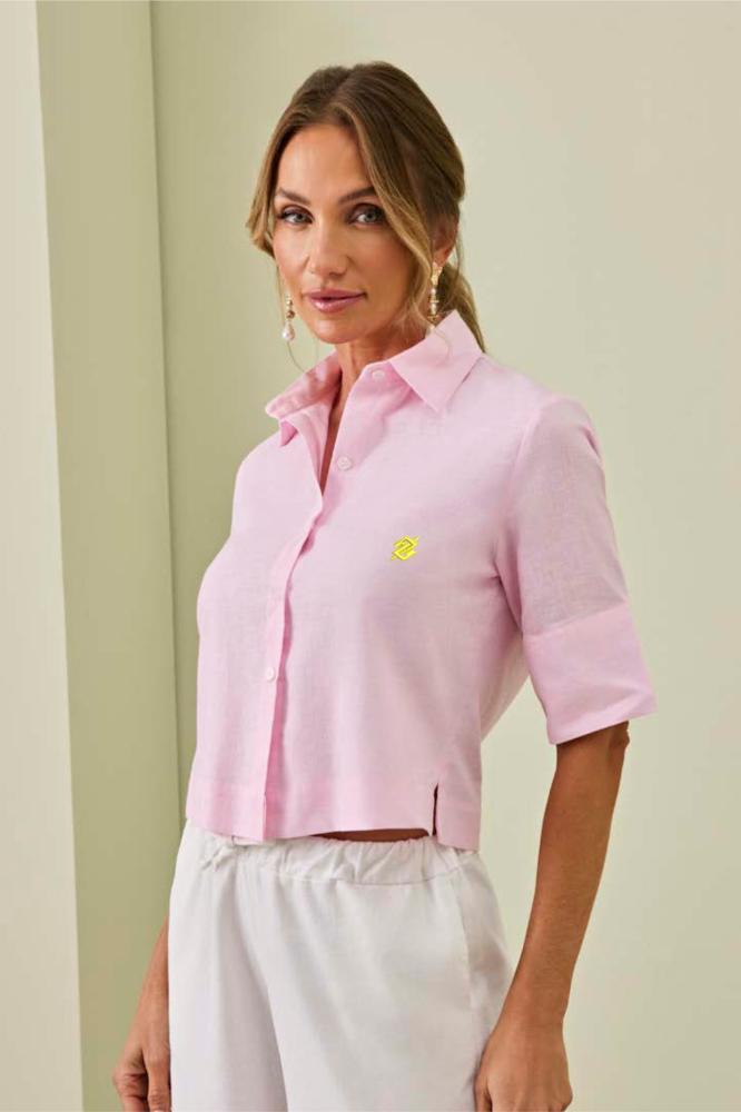 Camisa Feminina Cropped com Mangas Alongadas de Linho Rosa - Linha Premium Feminina - 1