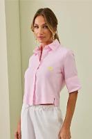 Camisa Feminina Cropped com Mangas Alongadas de Linho Rosa - Linha Premium Feminina - 1