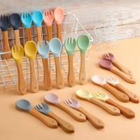 Kit Garfo + Colher De Silicone Cabo De Madeira Para Bebê - 3