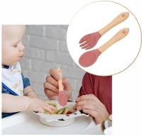 Kit Garfo + Colher De Silicone Cabo De Madeira Para Bebê - 4